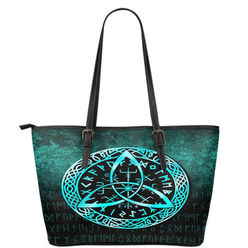 Viking Leather Tote Vegvisir Nordic Viking Rune Cyan Version Leather Tote RLT12