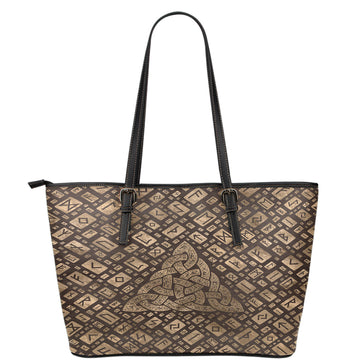 Viking Leather Tote Triquetra and Runic Alphabet Wood and Gold Leather Tote RLT12