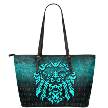 Viking Leather Tote Viking God Odin Allfather In Asgard Raven God Cyan Version Leather Tote RLT12