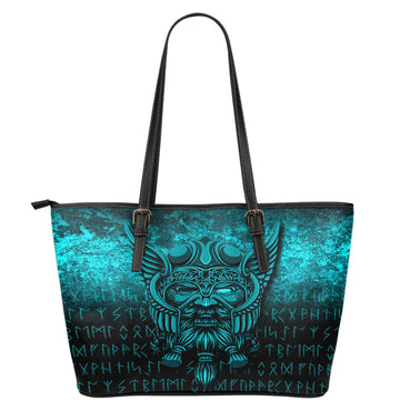 Viking Leather Tote Viking Odin Allfather In Asgard Cyan Version Leather Tote RLT12