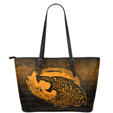 Viking Leather Tote Fenrir Viking 3D Tattoo Gold Version Leather Tote RLT12