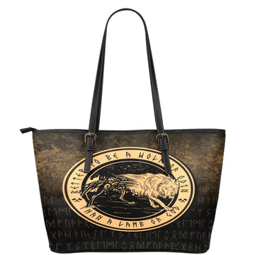 Wonder Print Shop Leather Tote - Wolf Of Odin - Gold Version Leather Tote RLT12