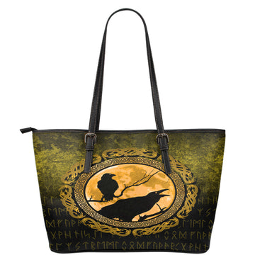 Viking Leather Tote Vikings Huginn Muninn Odin Ravens Gold Version Leather Tote RLT12