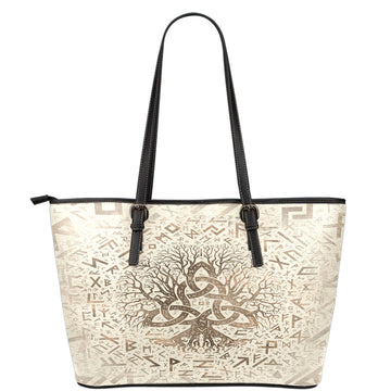 Viking Leather Tote Tree Of Life with Triquetra and Futhark Pastel Gold Leather Tote RLT12