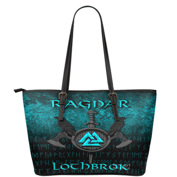 Viking Leather Tote Ragnar Lothbrok Ragnar Lodbrok Viking Warrior Cyan Version Leather Tote RLT12