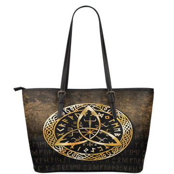 Viking Leather Tote Vegvisir Nordic Viking Rune Gold Version Leather Tote RLT12