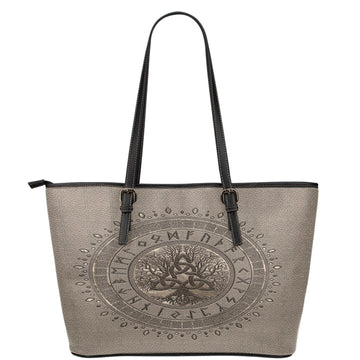Viking Leather Tote Tree Of Life with Triquetra Beige Leather Tote RLT12