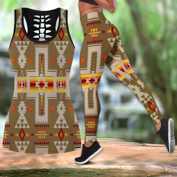 Light Brown Tribe Design Hollow Tanktop Leggings Set 113 LT10