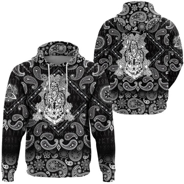 Viking Hoodie Odin and Wolf with Bandana Paisley Style RLT12
