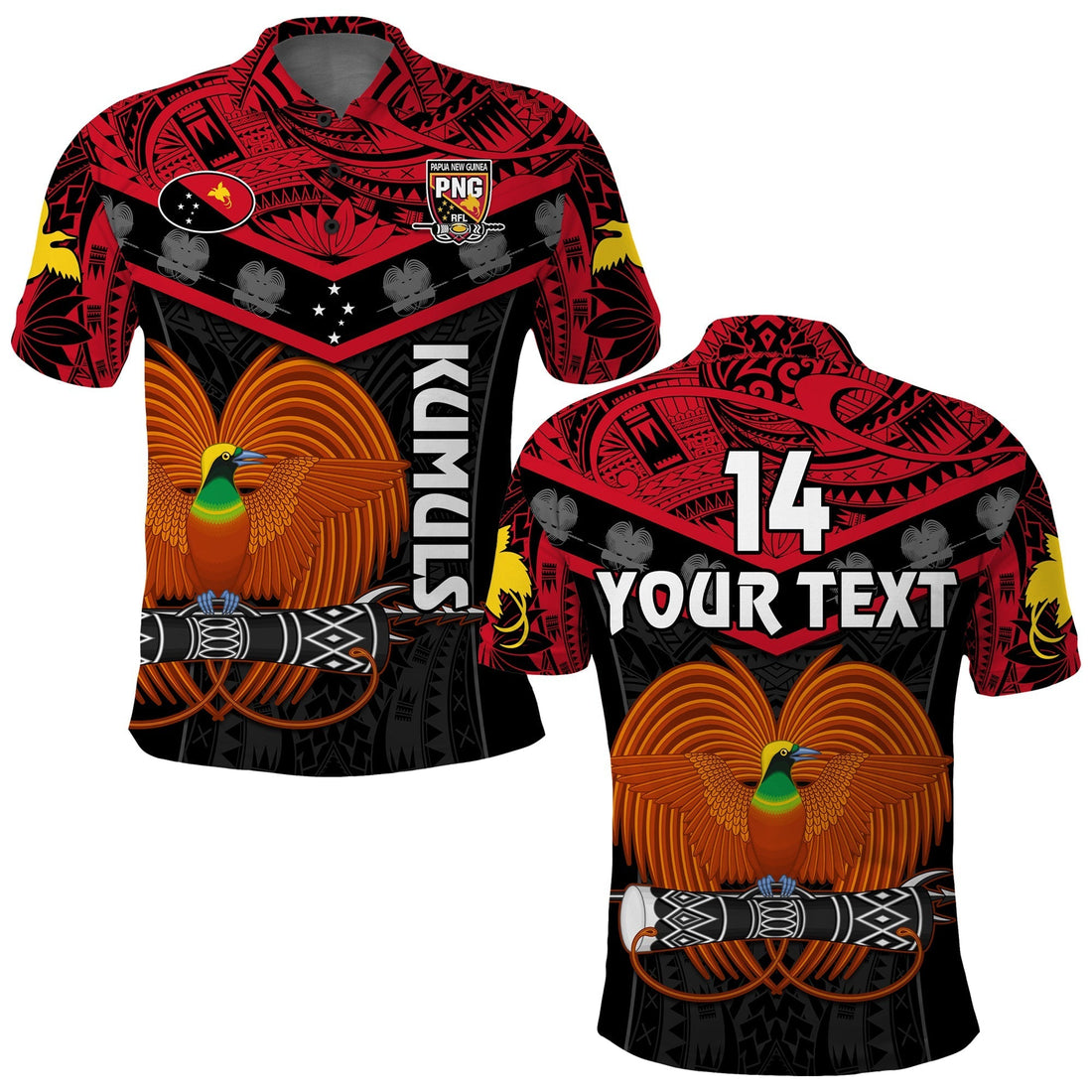 Custom Text And Number Papua New Guinea Rugby Polo Shirt PNG Kumuls Bird Of Paradise Black LT14
