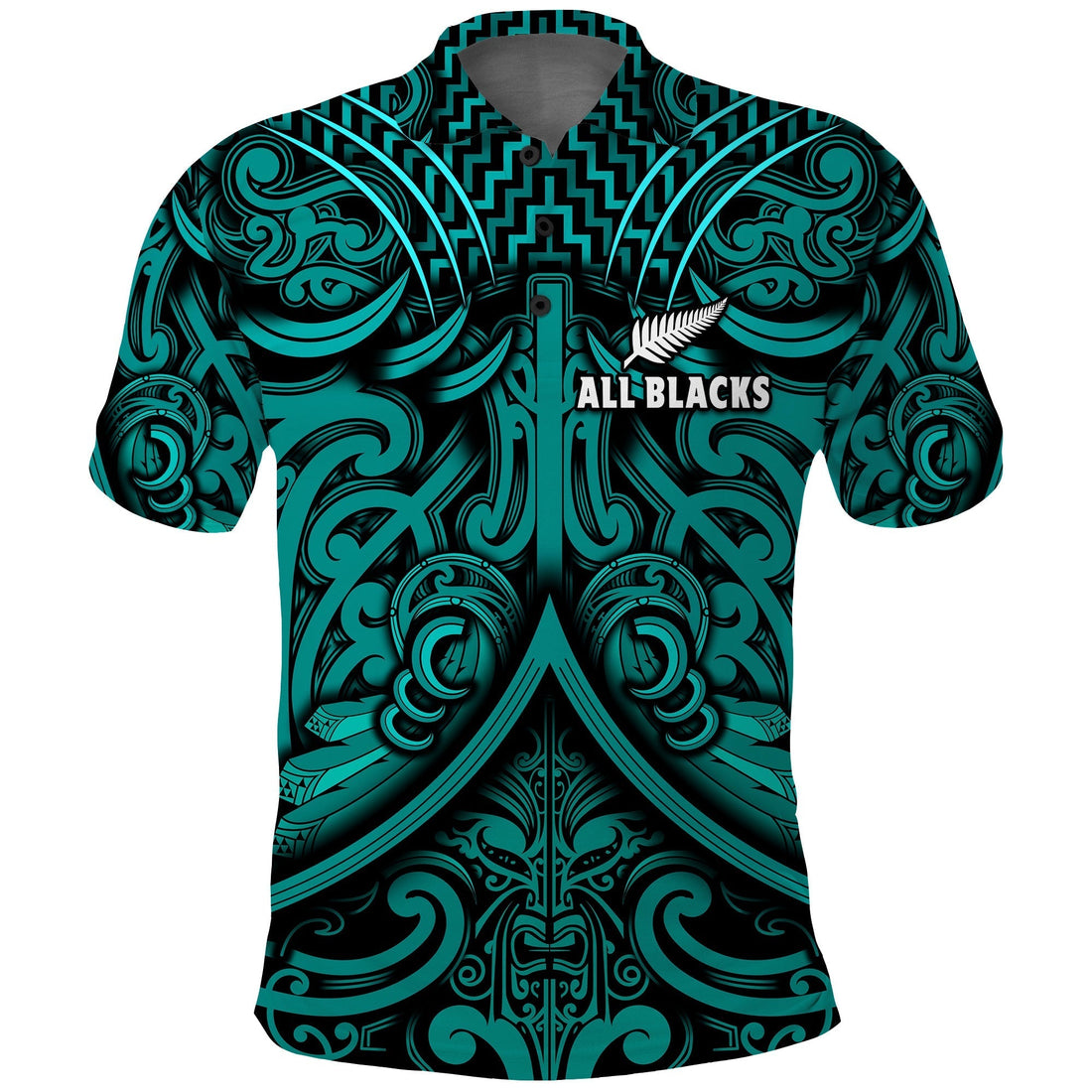 Custom Text and Number New Zealand Silver Fern Rugby Polo Shirt All Black Turquoise NZ Maori Pattern LT13