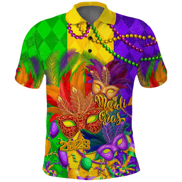 Custom Mardi Gras Polo Shirt 2023 Carnival Masks With Feathers LT14