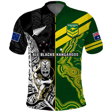 Custom Australia Kangaroos And All Black Rugby Polo Shirt Aboriginal Mix NZ Maori Fern LT14