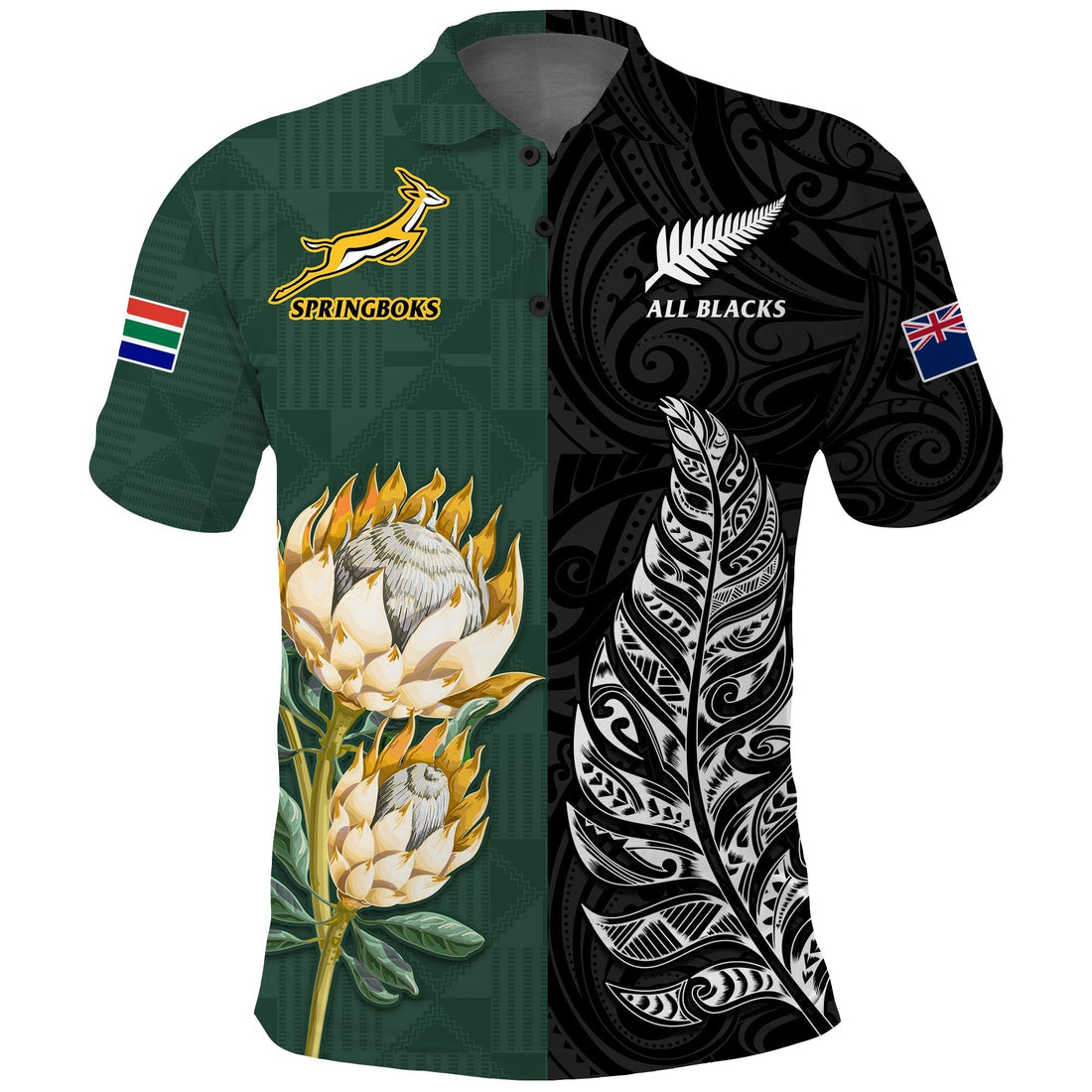 Custom Text and Number South Africa Protea and New Zealand Fern Polo Shirt Rugby Go Springboks vs All Black LT13