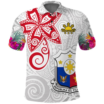 Custom Philippines Polo Shirt Sun Filipino Polynesian mix Flowers White Vibe LT13