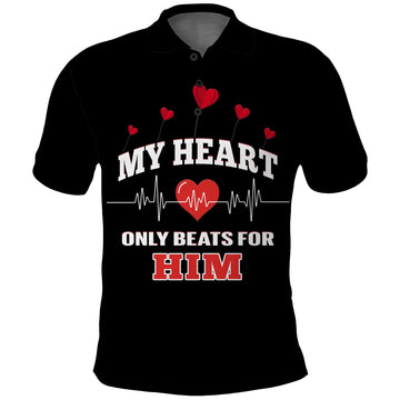 Custom American Valentines Day Polo Shirt Black My Heart Only Beats For Him LT14