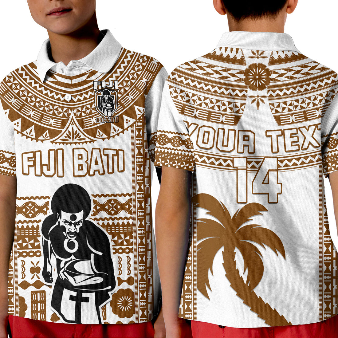Custom Text And Number Fiji Rugby Polo Shirt KID Pacific The Bati Brown Fijian Tapa LT14