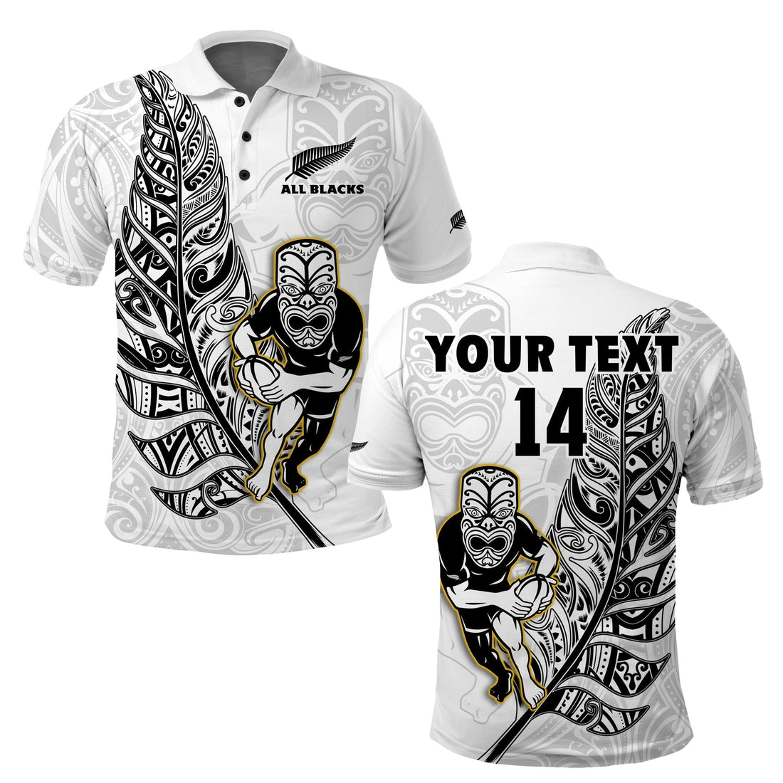 Custom Text And Number New Zealand 2022 Rugby Polo Shirt All Black Silver Fern Maori Pattern Version White LT14