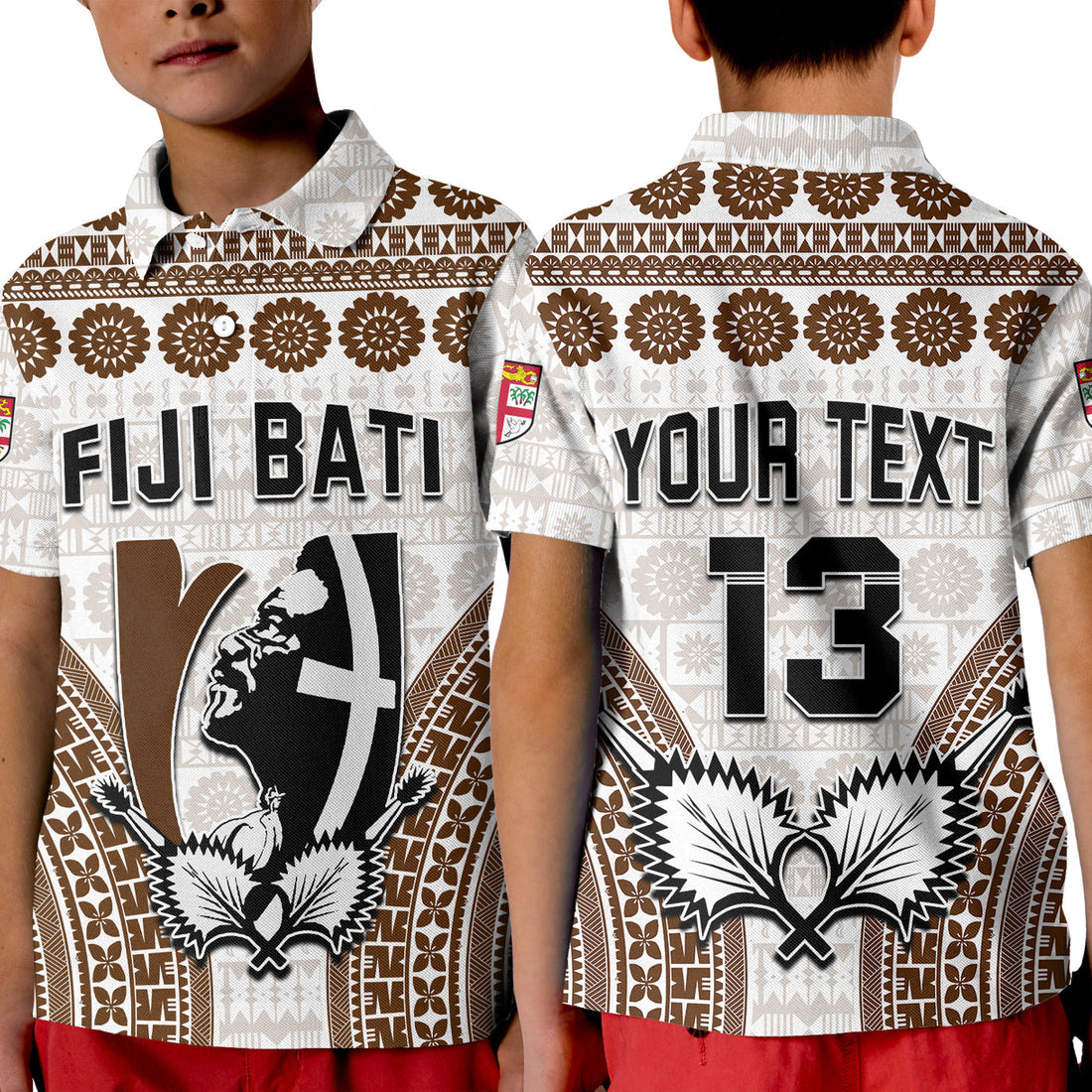 Custom Text and Number Fiji Rugby Bati Polo Shirt KID Proud Tapa Pattern LT13