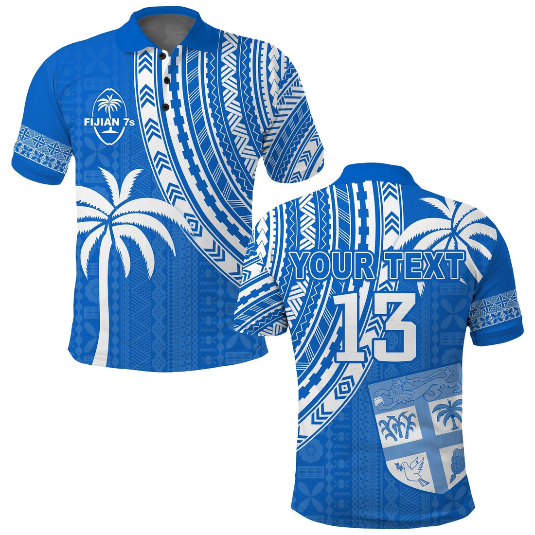 Custom Text and Number Fiji Rugby Sevens Polo Shirt Fijian 7s Tapa Polynesian Blue Ver.01 LT13