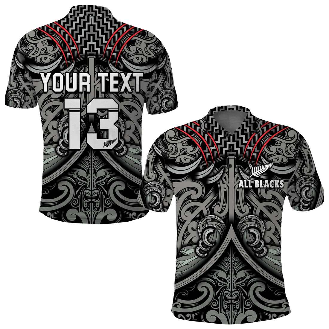Custom Text and Number New Zealand Silver Fern Rugby Polo Shirt All Black NZ Maori Pattern LT13