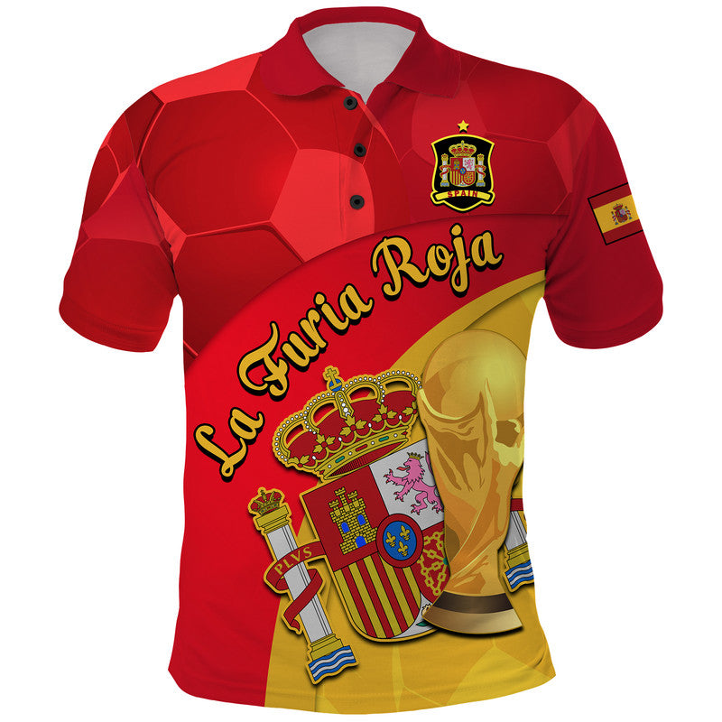 Custom Spain Football Champions Polo Shirt Spain Coat Of Arms And Trophy LT9