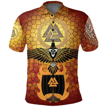 Viking Polo Shirt Raven Of Odin and Drakkar On Fire On Vignette Gold Valknut RLT12