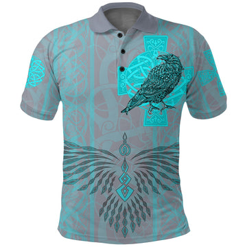 Viking Polo Shirt Odins Celtic Raven Scandinavian Tattoo Style Cyan RLT12