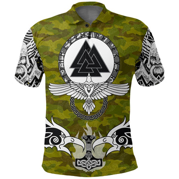 Viking Polo Shirt Raven Of Odin and Symbol Viking On Camo Background RLT12