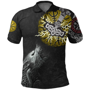 Viking Polo Shirt Fenrir Fight Mjolnir Of Thor On Helm Of Awe RLT12