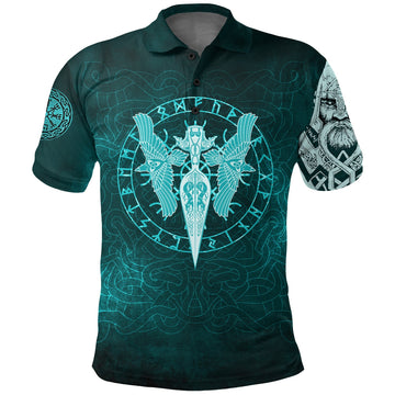 Viking Polo Shirt Cyan Spear Of The God Odin Gungnir and Two Cyan Ravens Style RLT12
