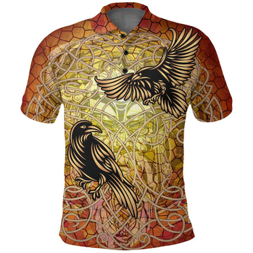 Viking Celtic Symbol Polo Shirt Huginn and Muninn Of Odin On Yggdrasil Gold RLT12