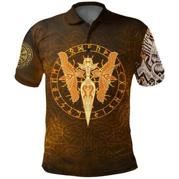Viking Polo Shirt Gold Spear Of The God Odin Gungnir and Two Gold Ravens RLT12