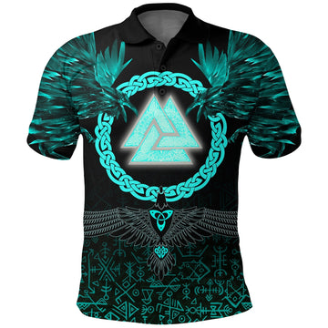 Viking Polo Shirt Three Raven and Valknut Cyan RLT12