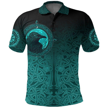 Viking Polo Shirt, Ethnic Odin Raven Cyan RLT12