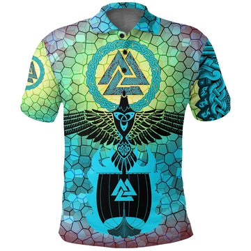 Viking Polo Shirt Raven Of Odin and Drakkar On Fire On Vignette Cyan Valknut RLT12