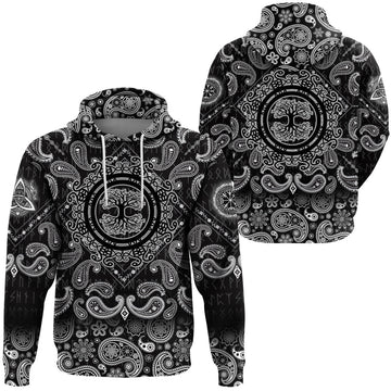 Viking Hoodie Scandinavian Tree Of Life Silhouette In Ornamented Circle with Bandana Paisley Style RLT12