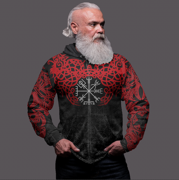 Viking Clothing Viking Odin Helm Of Awe (Red) Zip Hoodie RLT12