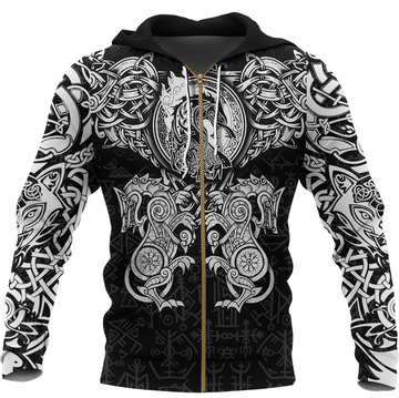 Viking Clothing Viking Dragon and Wolf Tattoo Zip Hoodie RLT12