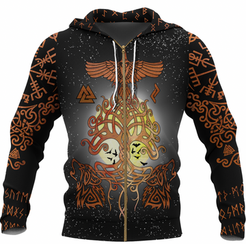 Viking Clothing Yggdrasil Raven and Wolf Zip Hoodie RLT12