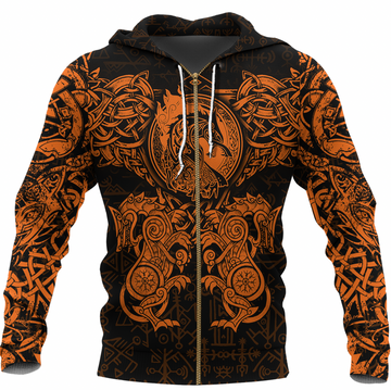 Viking Clothing Viking Dragon and Wolf Tattoo Orange Zip Hoodie RLT12