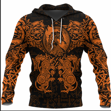 Viking Clothing Viking Dragon and Wolf Tattoo Orange Hoodie RLT12