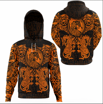 Viking Clothing Viking Dragon and Wolf Tattoo Orange Hoodie Gaiter RLT12