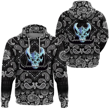 Viking Hoodie Ship Silhouette With White Skull with Bandana Paisley Style RLT12