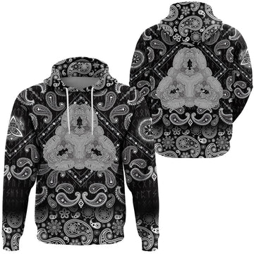 Viking Hoodie Six Ravens Fantasy Triangle Ornament Black and White with Bandana Paisley Style RLT12