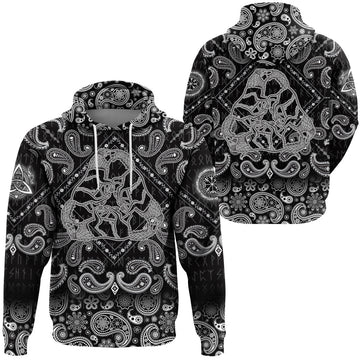 Viking Hoodie Three Wolves Fantasy Ornament Black and White with Bandana Paisley Style RLT12