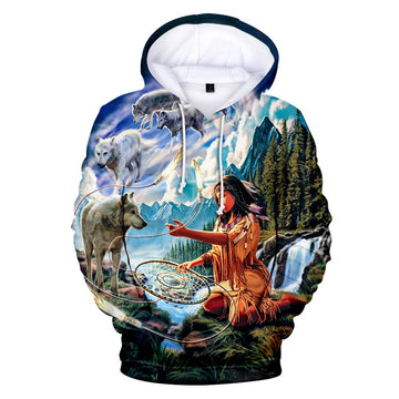 Wolf Dreamcatcher and Native American Women All Over Hoodie LT10