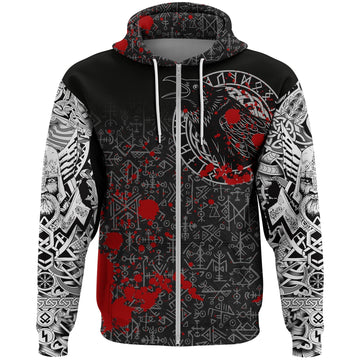 Viking Zip Hoodie - Odin Raven Rune Futhark Blood RLT12