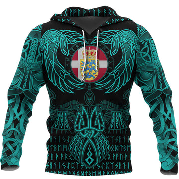 Viking Denmark Hoodie Valknut of Odin Cyan RLT12