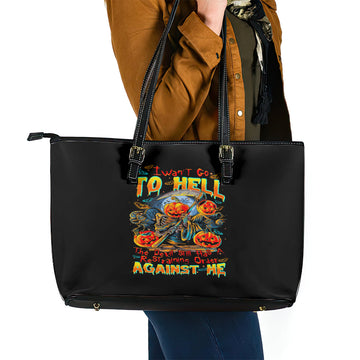 Pumpkin Skull Leather Tote Bag I Wan't Go To Hell The Devil Still Restraining Against Me DT01